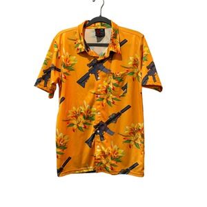 OAF Nation Button Up Shirt Mens Medium Orange Tropical Rifle Floral Hawaiian